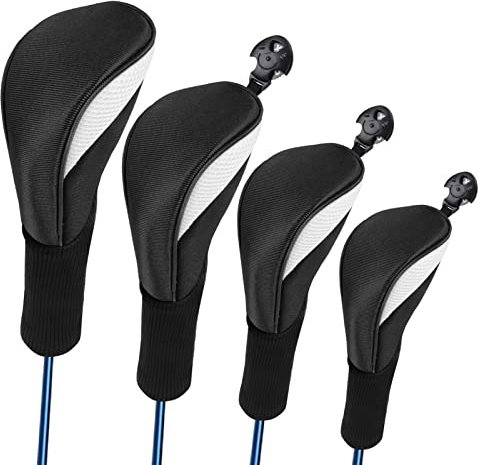 Lybile Golf Club Cover Set for Driver, Fairway Woods, Hybrids (Black, Nylon) - 4Pcs with Interchangeable No. Tags and Long Neck Design