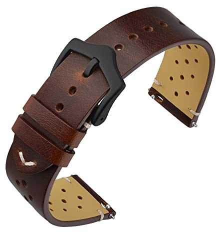 ANNEFIT Correas de Reloj Cuero Vintage 22mm con Hebilla Negra, Correa de Repuesto de Piel con Liberación Rápida (Marrón)