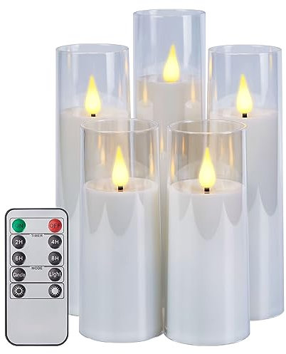 IMAGE Flickering Flameless Candles Battery Operated, Acrylic Shell Pillar 3D Wick LED Candles with Timer for Wedding Christmas Home Decor Set of 5 (D2.3 in X H5 5 7 7 8 in), White