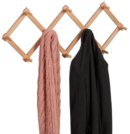 Relaxdays Attaccapanni da Parete, Appendiabiti Allungabile con 10 Ganci, Guardaroba Appendino Ingresso, Legno, Naturale
