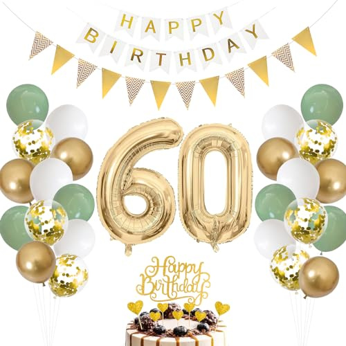 60. Geburtstag Deko Salbeigrüne - Luftballon für Männer und Frauen, Ballon Grün Weiß Gold, Zahl 60 Folienballon, Tortendeko für 60. Dekoration