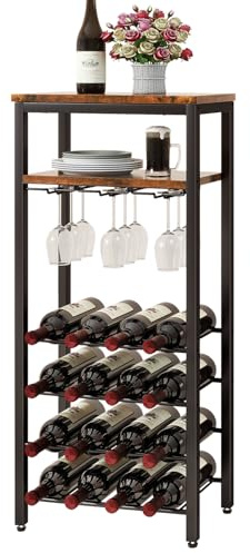 IBUYKE Wine Racks Freestanding Floor,Liquor Bottle Holder,16 Bottles Wine Cabinet with Glass Holder,Wine Holder Display,Mini Wine Bar Table for Living Room,Kitchen Pantry,Dining Room,Brown TMJ907H