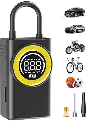 FLYKID Compresseur d'air pour pneus de voiture 150 PSI avec 3 adaptateurs de buse et lumière d'urgence LED pour voitures, vélos et équipements de sport, pression des pneus préréglée et arrêt