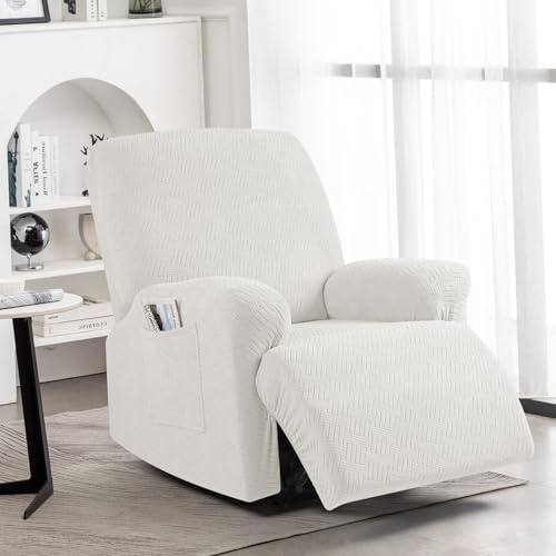 KinCam Funda Sillon Relax reclinable, Funda para Sillón Relax de Jacquard, Funda Sillon orejero Funda Elástica con Bolsillo para Perros y Mascotas, Suave y Lavable Funda Sofa 1 Plaza Crema