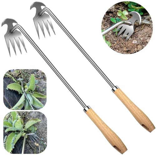 2pack 16inch Weed Puller Tool,Weeding Tool,4 Teeth Stainless Steel Hand Weeder for Effortless Weeding,Portable Uprooting Tool for Vegetable Gardening,Backyard,Farm (Wooden Handle&Stainless Steel)