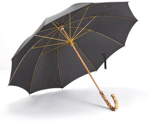 ROSPFKELSC Windproof 10-Rib Manual Long Handle Umbrella for Men, Retro Black Plaid with Bamboo J-Handle, Gentleman Travel Umbrella, 115cm Canopy