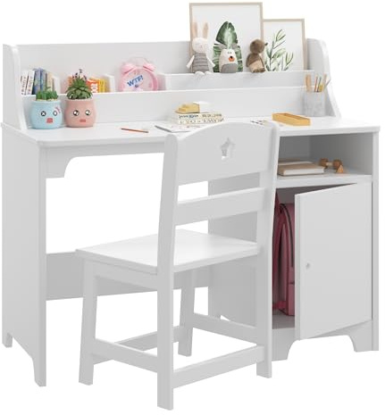 CherishCradle Escritorio Infantil con Silla de Madera con Estantes y Taquilla, Escritorio Infantil con Silla de Madera, Mesa de Aprendizaje Multifuncional para Niños y Niñas de 3+ Años