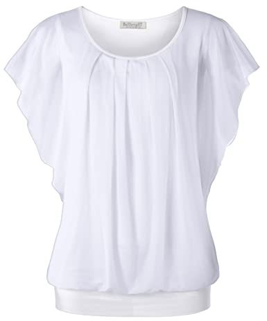 BAISHENGGT White Blouses for Women Flouncing Sleeve Mesh Top Large Solid White