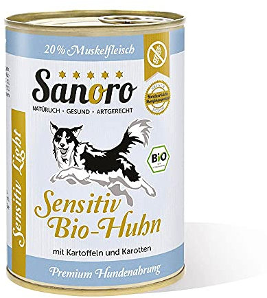 Sanoro Sensitiv Light Bio-Huhn - Premium Hundefutter bei Leishmaniose: Purin- und proteinreduziert in Bio-Qualität. Muskelfleisch vom Bio-Huhn mit Bio-Kartoffel und Bio-Karotte (12 x 400g).
