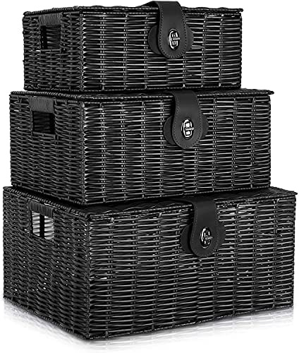 Homepeaz Set of 3 Woven Wicker Storage Basket Box with Lids & Lock, Built-in Carry Handles, Multifunctional Storage Organizer for Nursery, Baby, Clothes, Toys, Books, Large/Medium/Small Size (Black)