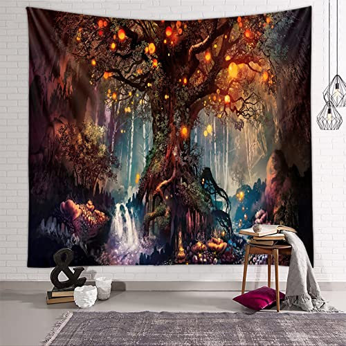 Zodight Baum des Lebens Wandteppich, Wandbehang Wandtuch Wasserfälle mit Elfen Unter Altem Verzaubertem Baum, Wald Glühwürmchen Wandteppich Psychedelic für Schlafzimmer Wohnzimmer Wohnheim