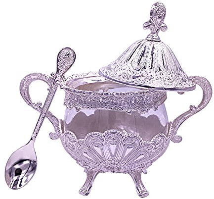 Hourwof Azucarero con tapa y cuchara para cocina, cafetería, fiesta de boda, recipiente de azúcar de metal y vidrio para cubo de azúcar y azúcar en polvo, recipiente para condimentos de especias