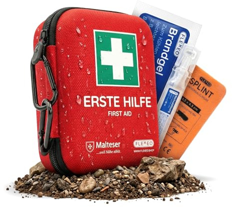 FLEXEO Erste Hilfe Set “Traveller” | 50-teilig | Inkl. Brandgel, Augenspülung, Fingerschiene | im Hardcase mit Karabinern | Ideal für Outdoor, Reisen, Fahrrad & Sport | 2 Stück