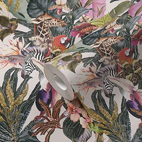 A.S. Création Dschungeltapete Weiß Grün mit Tieren 381763 Vliestapete Palmen Schlafzimmer 10,05x0,53m Made in Germany