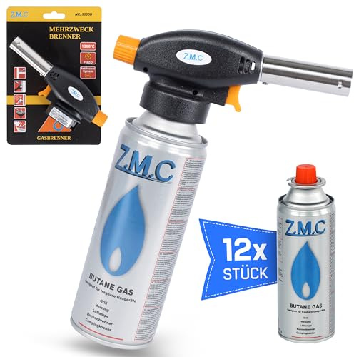 Z.M.C Gasbrännare + 12 x gaspatroner 227 g, flambrännare temperatur upp till 1 300 °C, svetsbrännare med piezo-tändning, bunsbrännare lödbrännare 1,3 kW, brännarfäste med justerbar låga
