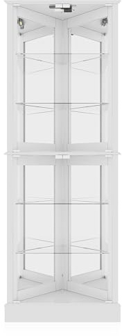 BELLEZE Lighted Accent Corner Display Curio Cabinet with Tempered Glass Doors and Shelves, Classic Wood Cabinet w/Bulb, Corner Curio Storage Rack for Living Room, Bed-Room and Kitchen (White)