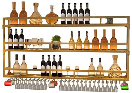 Wall Wine Rack Floating Bar Shelves Wall Mounted with LED Light Liquor Bottle Display Shelf with Hanging Wine Glass Rack Kitchen Wall Shelf Liquor Cabinet Bar Stand for Home Bar Cafe Restaurant(Gold,3