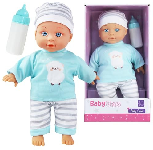 Baby Doll in Pyjamas with Feeding Bottle - 30cm Baby Boy or Girl Care Doll with Bottle for Imaginative & Pretend Play – Play Set for Kids, Boys, Girls Christmas & Birthday - Pink or Blue (Blue)