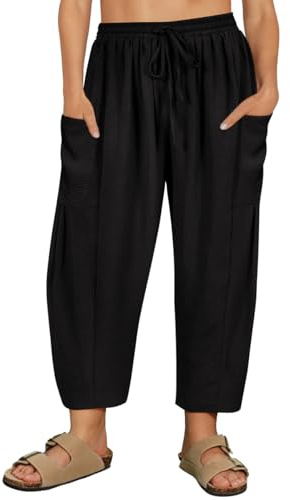 CARCOS Plus Size Harem Pants Womens 3X Summer Black Palazzo Pants Drawstring Wide Leg Lantern Beach Pants with Pockets Baggy Ankle Slacks Loose Fit Lounge Pant Vacation Outfits 3XL 20W 22W