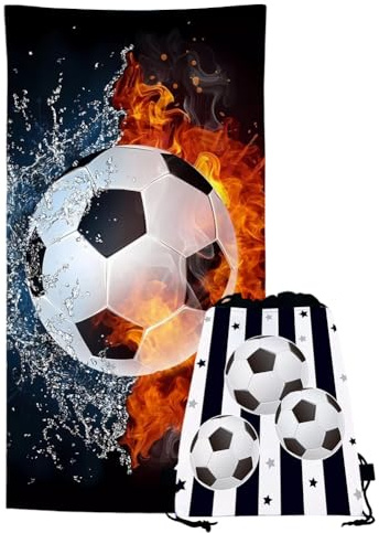 GVMJHYK Fußball Strandtuch Badetuch, Personalisiertes Fußball Handtuch, 2pcs Strandtücher mit Taschen, für Schwimmen, Surfen, Bad, Pool, Fitnessstudio/Wasser- und Feuerfußballmuster