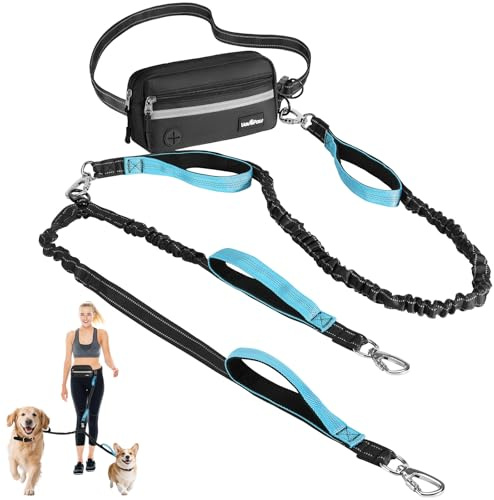 VavoPaw Hands Free Dog Leash for 2 Dogs with Pouch, Waist Leash for Dog Walking, Jogging, Hiking, Retractable Leashes with Dual Padded Handles, Adjustable Reflective Belt for Small, Medium, Large Dogs