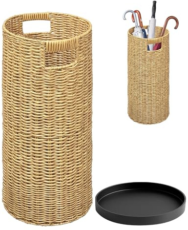 Verssure Rattan Umbrella Holder 20.8 H X 10 D,Handmade Wicker Umbrella Stand Indoor with Dip Tray,Sturdy Umbrella Holders for Entryway,Umbrella Bucket Fits Mudroom,Walking Canes,Home,Office (Oak)