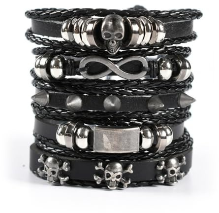 YUVKIN Lot de 5 Bracelets en Cuir Unisexes Style Punk avec Clous, Bracelet Squelette, Manchette Gothique pour Halloween, Noël, Fête à Thème, Concert Rock (Noir)