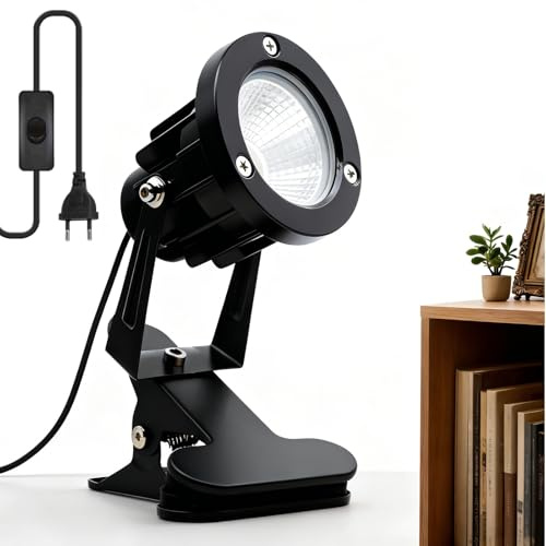 GOMETY 7W LED Spotlight Strahler mit Clip, Kalteweiß 6000K Klemmstrahler mit 1,8m Kabel Stecker und Schalter Led Garten Beleuchtung Gartenleuchte Gartenstrahler IP65 Wasserdicht für Innen (Kalteweiß)