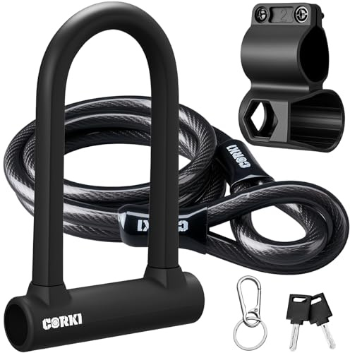 Corki Bike Lock Heavy Duty Anti Theft U Lock with 5ft Security Cable and Keys 17mm Schackle Electric Scooter Lock, Bicycle Lock with Mounting Bracket for Ebike Motorcycle -Black