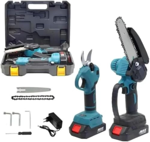 Mini Motosega a Batteria con Forbici da Potatura Elettriche, Kit Potatura Professionale con 2 Batterie, Caricatore e Valigetta, Sega Elettrica Portatile per Giardino, Alberi, Rami, Taglio Legno
