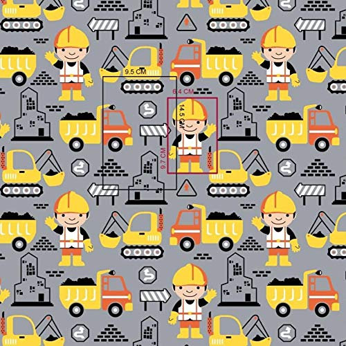 100x160cm Auto Baufahrzeuge Polizei Feuerwehr 100% Baumwolle Baumwollstoff Kinder Meterware Handwerken Nähen Stoff (Bauarbeiter Baufahrzeuge Grau Gelb, 100x160cm (11,99€/m))