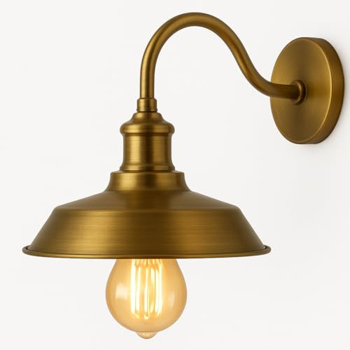 DC VOLTAGE Gleichspannung, moderne Retro-Wandleuchte, glänzende Wandhalterung, E27-Pendelleuchte mit Metallschirm, Schwanenhals-Wandleuchte für Bett, Wohnzimmer (Gelbes Messing)