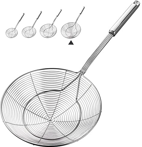 YFWOOD 7.9 Inch Spider Strainer Skimmer, Reinforced Double Coil Wire Skimmer with Large Handle Solid Stainless Steel Strainer Ladle for Cooking and Frying (1 - Piece)