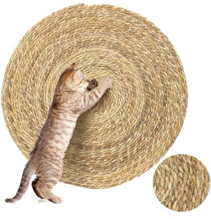 WEAVELYRICS Katzenkratzmatte, Boden-Katzenkratzmatte, natürliche Katzenkratzmatte, Haustier-Kratzteppich, runder Rohrkolbengras, Katzenkratzmatte, Indoor-Kratzmatte, 59 x 60 cm