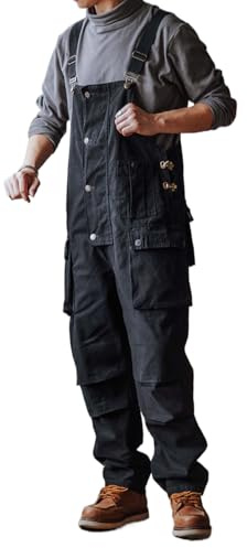 Dcincell Men's Bib Overalls Loose Fit Canvas Coveralls Workwear Dungarees Jumpsuit with Flap Cargo Pockets, Black, 30
