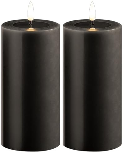 Novaliv 2er Set LED Stumpenkerzen groß grau Echtwachskerze mit beweglicher Flamme flackernd - Timerfunktion für 6 Stunden warmweißes Licht 7,5cm ø 15cm Höhe - 2 AA Batterien nötig Echtwachspiegel