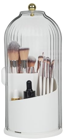 VacFreKep Organizador de brochas de Maquillaje con Tapa, Giratorio 360 Grados, Transparente, a Prueba de Polvo Organizador de brochas de Maquillaje para tocador, Escritorio, encimera de baño(Blanco)
