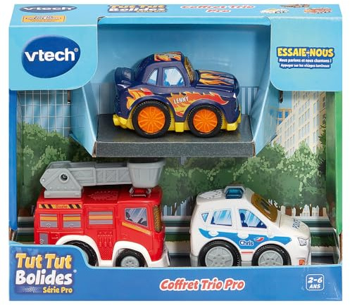 VTech - Tut Tut Bolides Série Pro, Coffret Trio Pro, 3 Voitures Enfant, Police, Camion de Pompiers et Voiture de Course, Jouet Musical et Sonore, Cadeau Enfant de 2 Ans à 6 Ans - Contenu en Français
