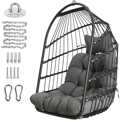 Sedia a Dondolo Pieghevole in Rattan per Interni ed Esterni - Vimini con Kit Appeso in Acciaio Inossidabile, Cuscino Resistente ai Raggi UV - Camera da Letto