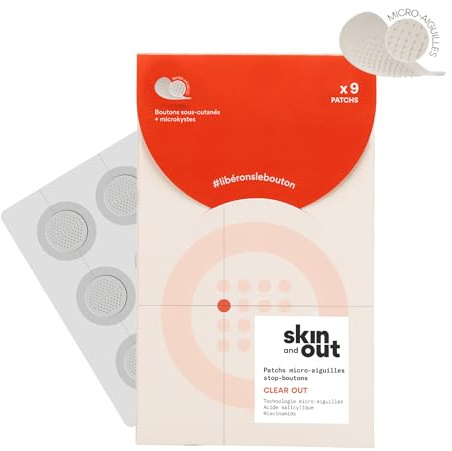 Skin & Out - Patchs Micro-aiguilles x9 - Stop boutons - Traitement des boutons - Réduction rapide de l'inflamation sous-cutanée - Actifs anti-inflammatoires - Microkystes - Yuka 93/100 - Vegan