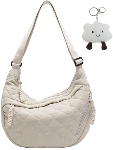 Micmores Crossbody Bag Damen Umhängetasche, Nylon Schultertasche Moon Bag Stylische Halbmond Tasche mit verstellbarer Schultergurt, Hobo Casual Handtasche (Beige-Stepptasche)