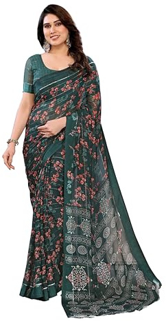 ETHNICMODE Indian Saree For Women Printed Georgette Light Weight Party Wear Green Sari With Unstitched Green Blouse Piece-1212