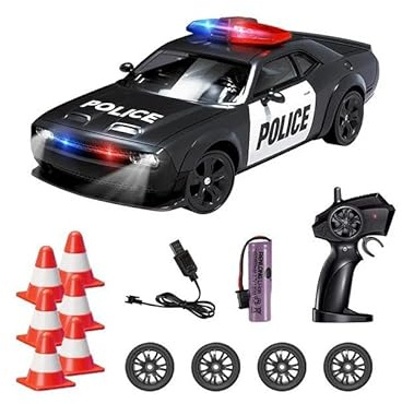 D.I.L RC Police Drift Car 4WD Remote Control Rechargeable 2.4GHz 1:24 Scale with 4 Racing Tires & Drift Tires for Kids Birthday Gift