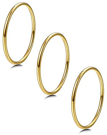 LOYALLOOK 3Pcs 1mm Thin 14K Gold Filled Stackable Rings For Women Non Tarnish Stainless Steel Plain Stacking Knuckle Thumb Pinky Statement Band Midi Rings Comfort Fit Size 3 to 10 Gold Tone