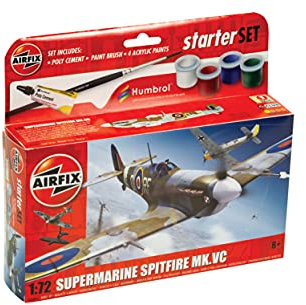 Airfix Starter Set - A55001 Supermarine Spitfire MkVc Model Building Kit - Plastic Model Plane Kits for Adults & Children 8+, Set Includes Decals, Paints, Brushes & Poly Cement - 1:72 Scale Model
