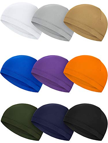 SATINIOR 9 Pieces Cooling Skull Caps Helmet Hard Hat Liner Bald Cap Sweat Wicking Running Beanie Cycling for Men Women(Black, White, Grey, Dark Blue, Army Green, Purple, Orange, Khaki, Navy Blue)