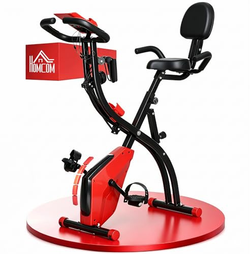 HOMCOM Cyclette Pieghevole 2 in 1, Resistenza Magnetica Regolabile 8 Livelli, Cyclette da Casa Silenziosa con Sensore Cardiaco, Sedile Regolabile, Bande Elastici, Schermo LCD, Ruote, Rosso