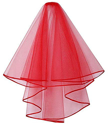 SYAYA Wedding Veil for Bride, 2 Tier Short Bridal Veil with Comb, Waist Length Tulle for Bachelorette Party, Short - Red - 2 Tier 31.4/ 80cm, One Size