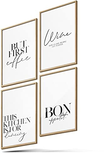 BLCKART Poster-Set Küche - 4 moderne Wandbilder mit Sprüchen - Premium Poster für Esszimmer - Bilder zur Wanddekoration - Größe A4