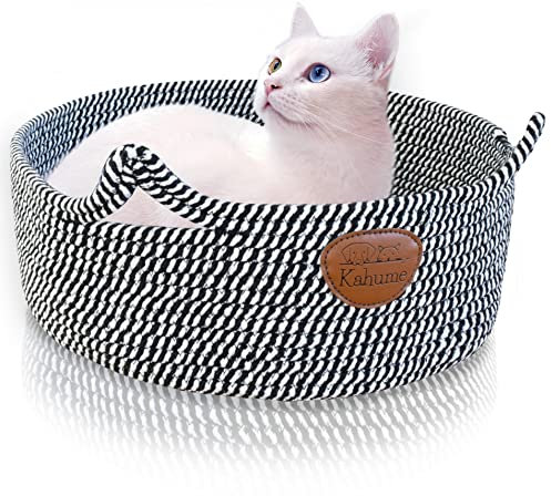 Katzenbett waschbar, Katzenkorb aus Baumwollseilen, ECO Katzenkörbchen, Hundebett Korb geflochten für Katzen Schlafplatz Liegeplatz Bettchen Haustierbett Körbchen Cat Bed schwarz-weiß